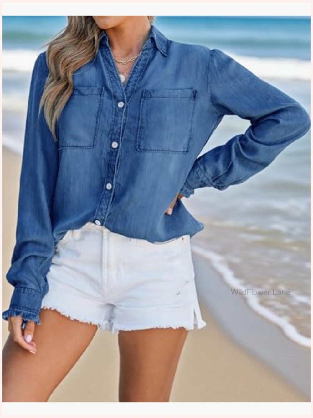 Long Sleeve Denim Shirt Dress with Pockets Button Down Tunic Top - Picture 3 of 7
